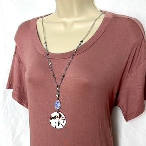 Magnolia Grace - Long Necklace | Round Silver Pendant | Blue Beads